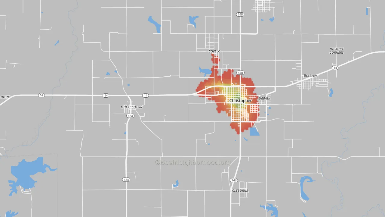 Walk Grade map of 62865, IL, walkable areas in green and car-dependent areas in red