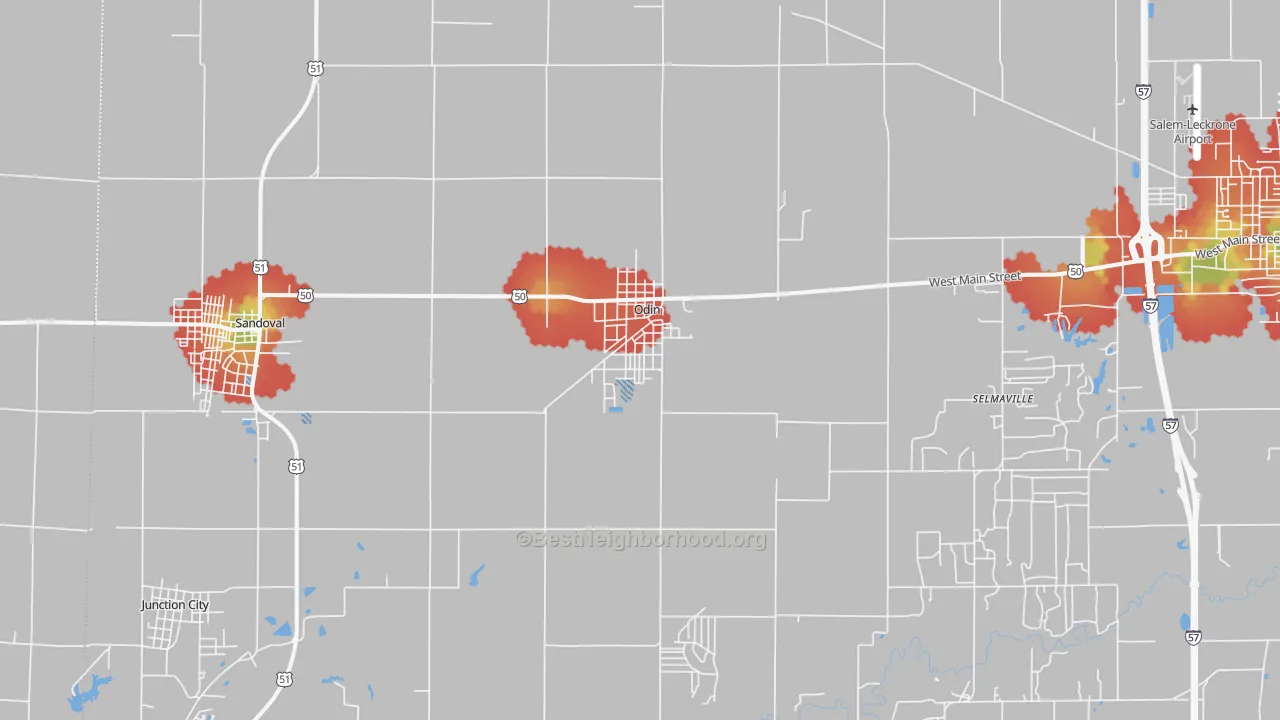Walk Grade map of 62870, IL, walkable areas in green and car-dependent areas in red