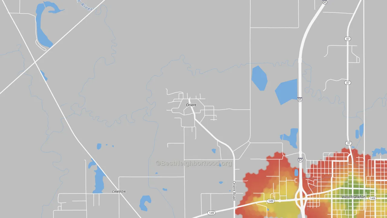 Walk Grade map of 62874, IL, walkable areas in green and car-dependent areas in red