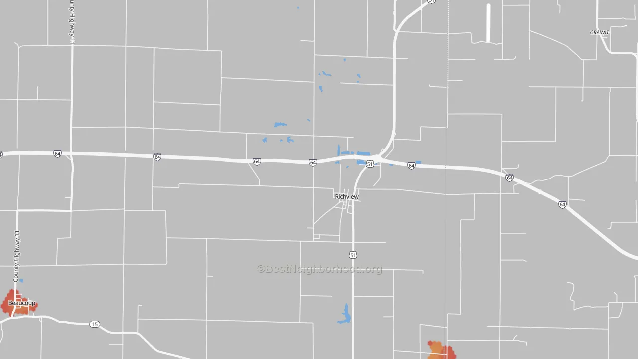 Walk Grade map of 62877, IL, walkable areas in green and car-dependent areas in red
