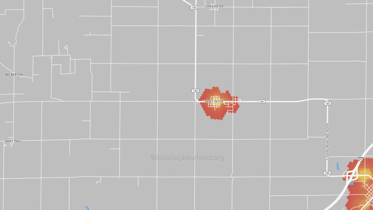 Walk Grade map of 62880, IL, walkable areas in green and car-dependent areas in red