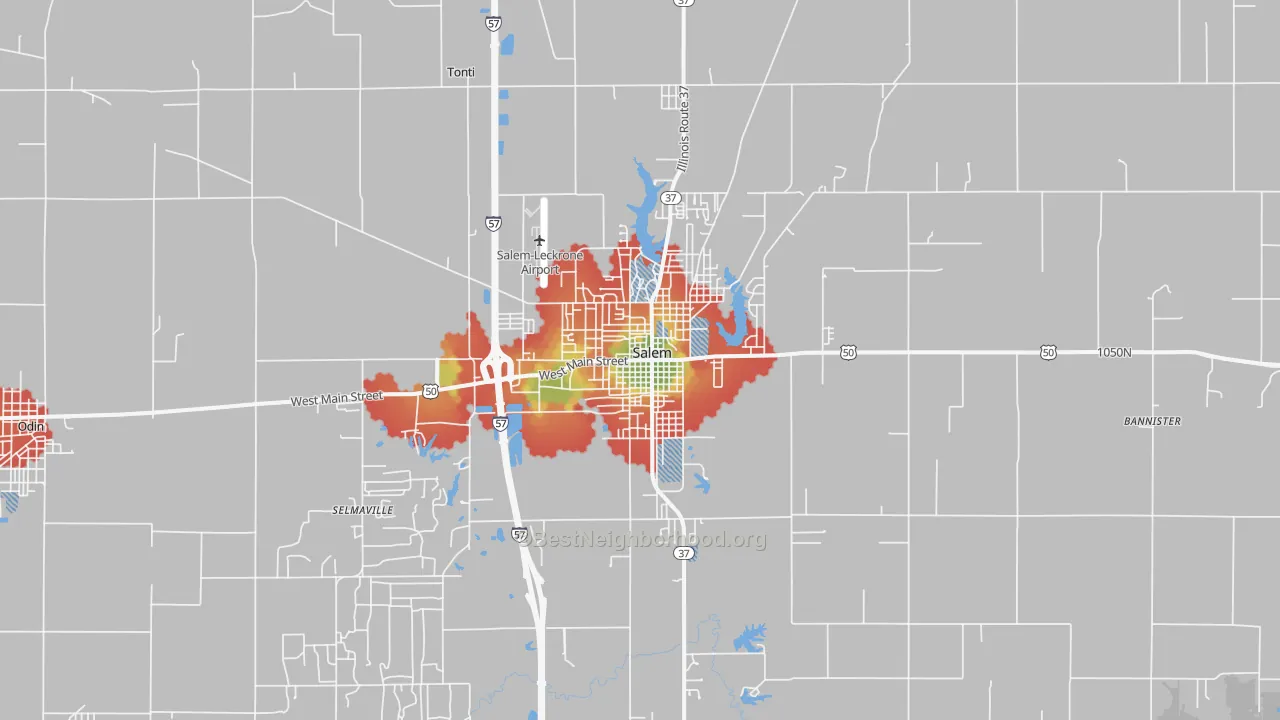 Walk Grade map of 62881, IL, walkable areas in green and car-dependent areas in red