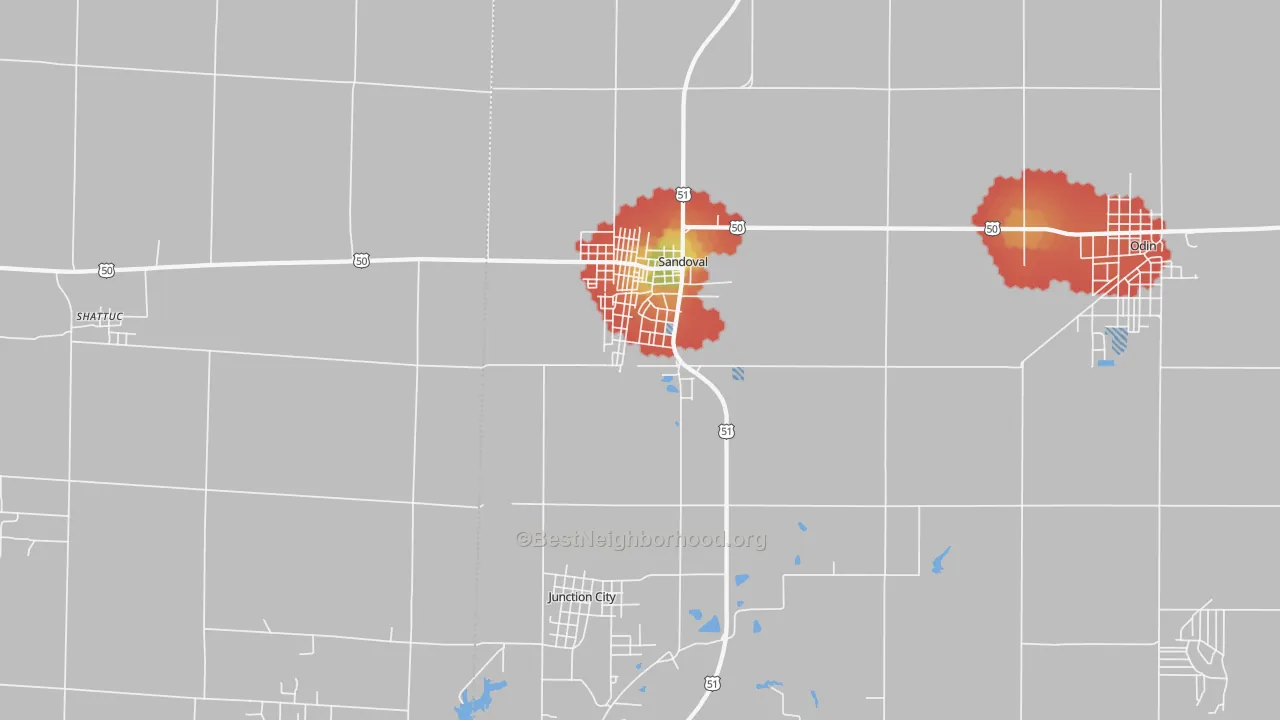 Walk Grade map of 62882, IL, walkable areas in green and car-dependent areas in red