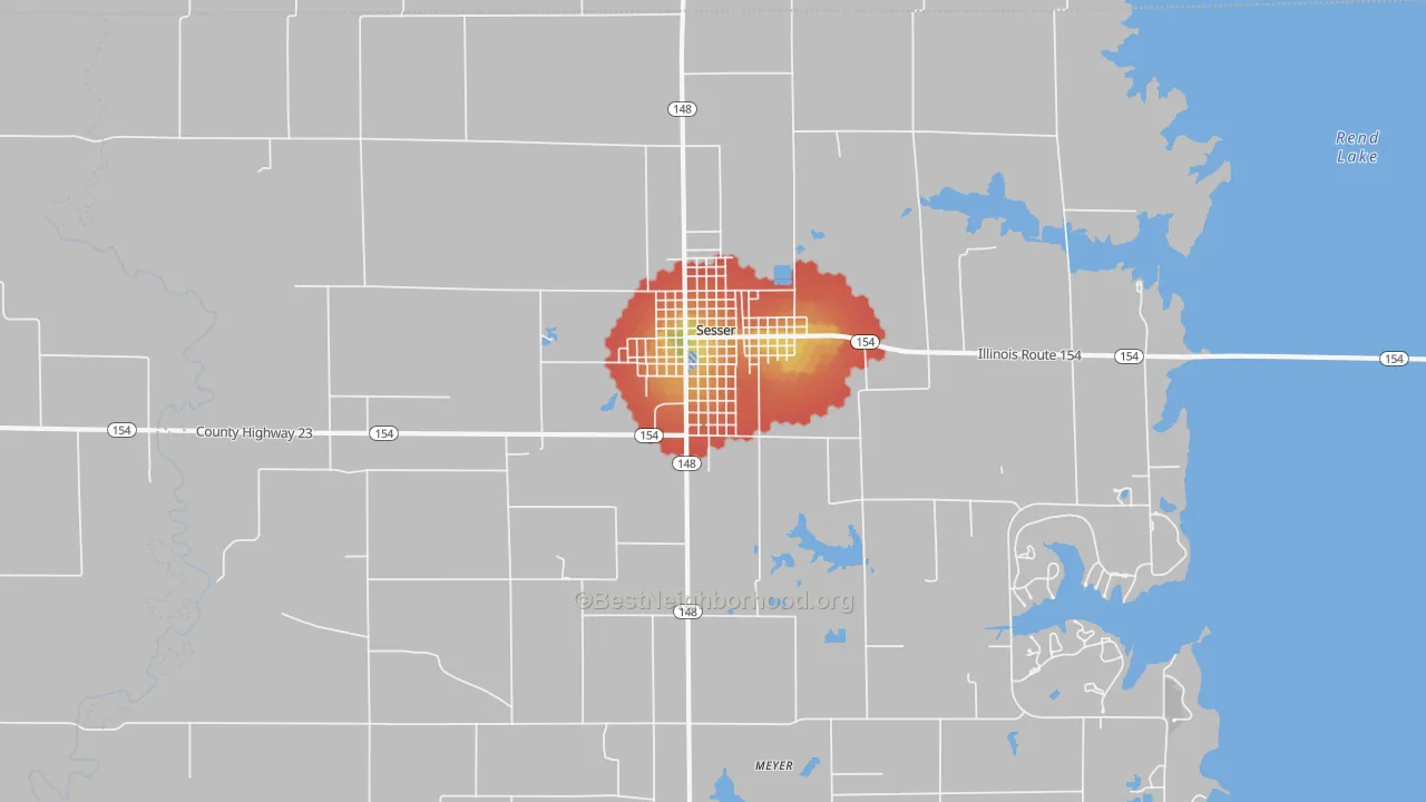 Walk Grade map of 62884, IL, walkable areas in green and car-dependent areas in red