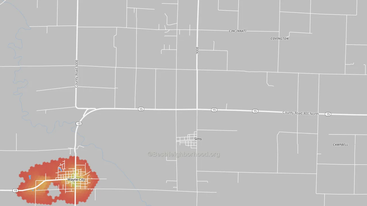 Walk Grade map of 62886, IL, walkable areas in green and car-dependent areas in red