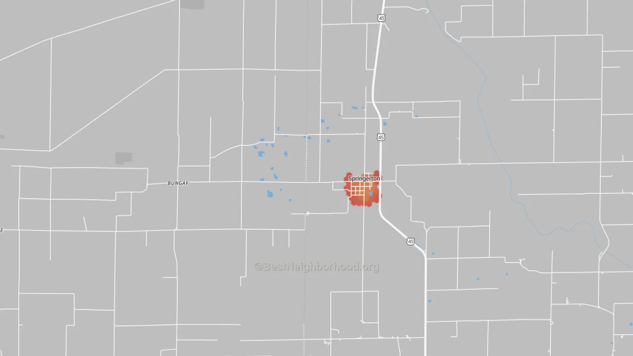 Walk Grade map of 62887, IL, walkable areas in green and car-dependent areas in red