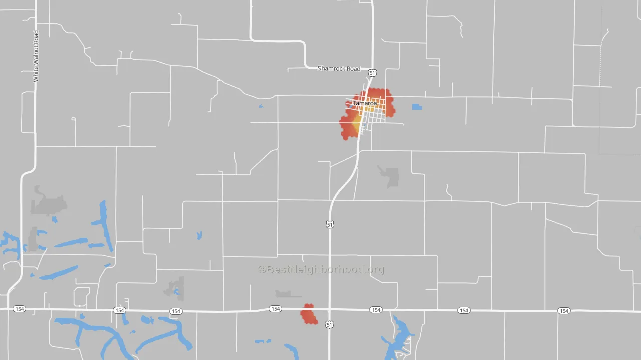 Walk Grade map of 62888, IL, walkable areas in green and car-dependent areas in red