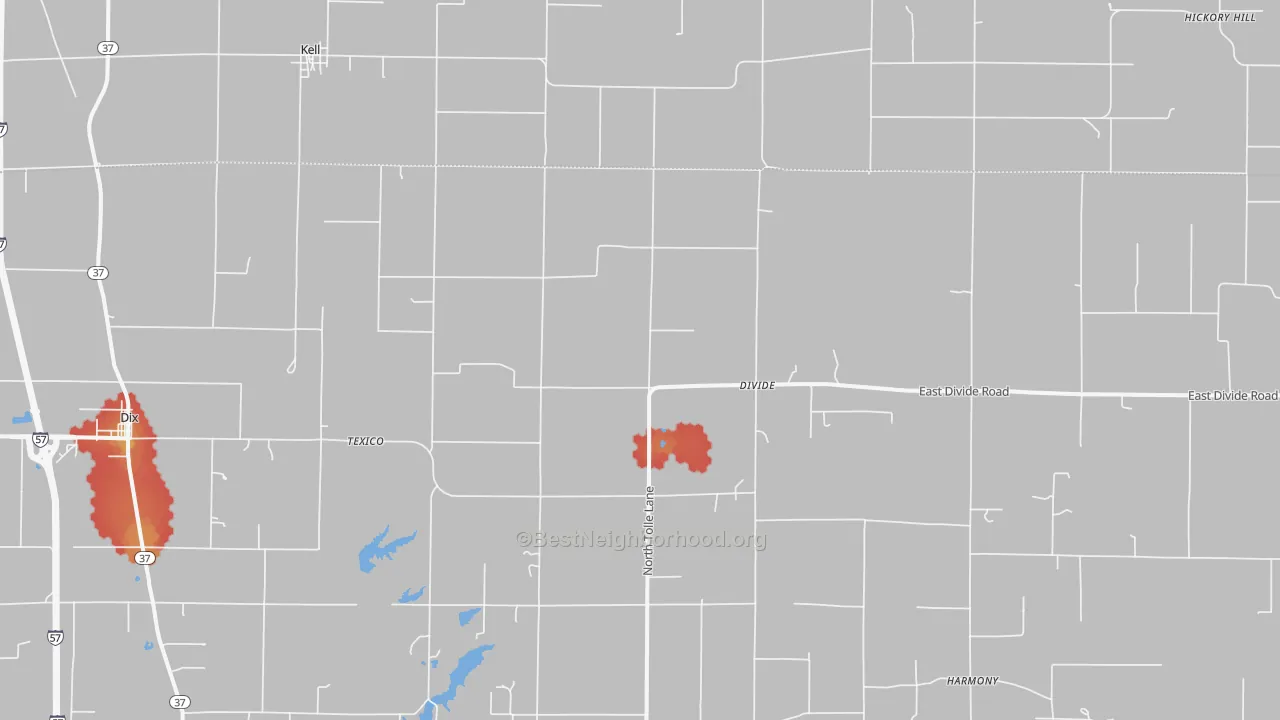 Walk Grade map of 62889, IL, walkable areas in green and car-dependent areas in red