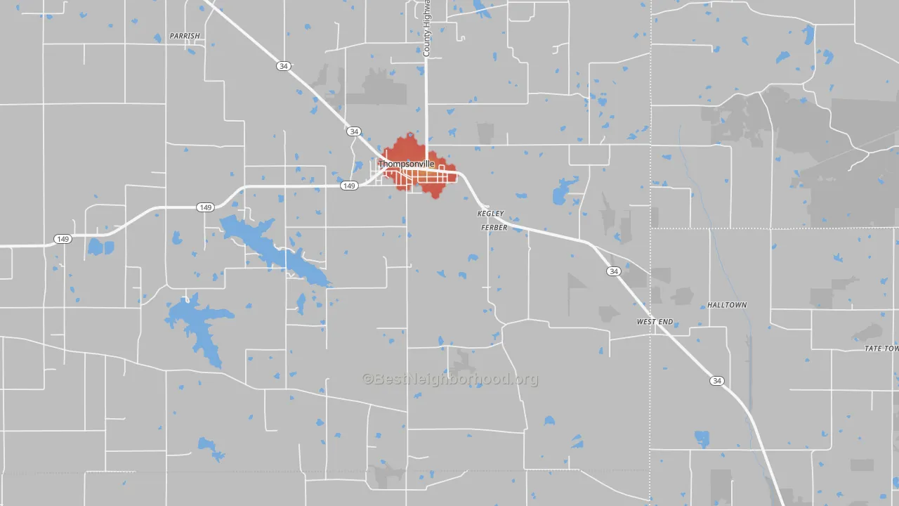 Walk Grade map of 62890, IL, walkable areas in green and car-dependent areas in red