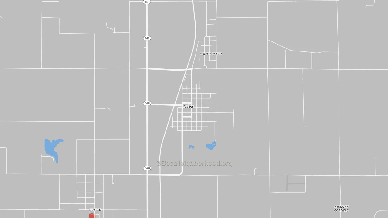 Walk Grade map of 62891, IL, walkable areas in green and car-dependent areas in red