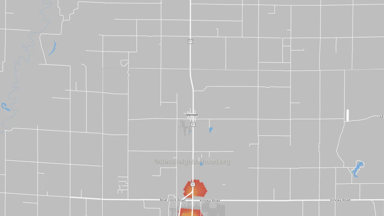 Walk Grade map of 62892, IL, walkable areas in green and car-dependent areas in red