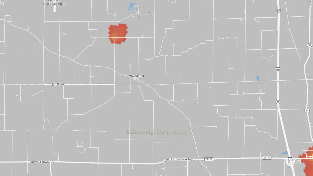 Walk Grade map of 62893, IL, walkable areas in green and car-dependent areas in red