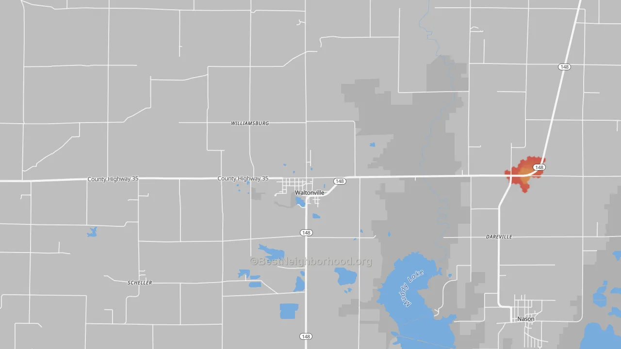 Walk Grade map of 62894, IL, walkable areas in green and car-dependent areas in red