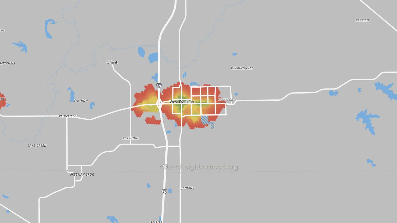 Walk Grade map of 62896, IL, walkable areas in green and car-dependent areas in red