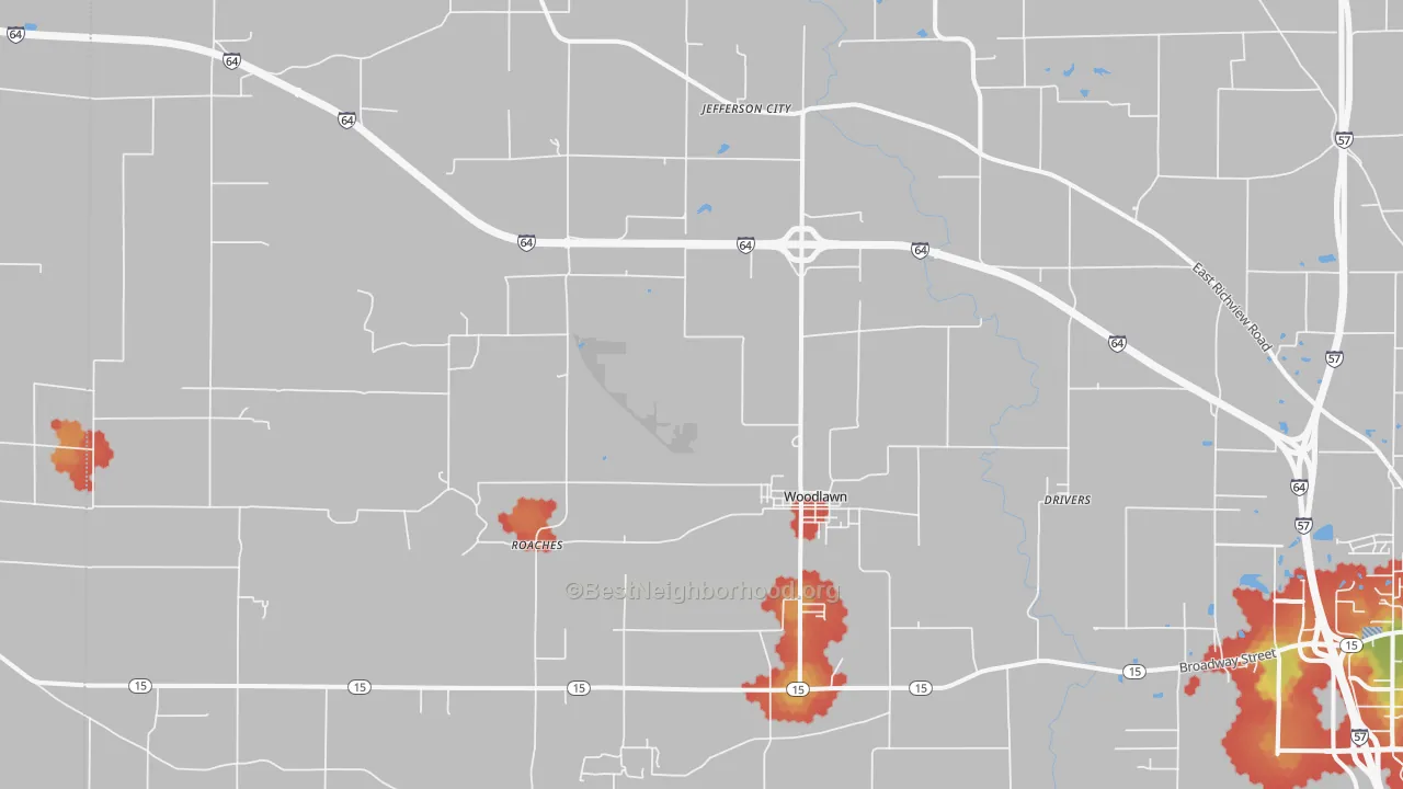 Walk Grade map of 62898, IL, walkable areas in green and car-dependent areas in red