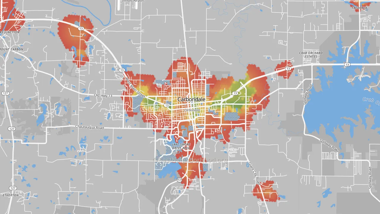 Walk Grade map of 62901, IL, walkable areas in green and car-dependent areas in red