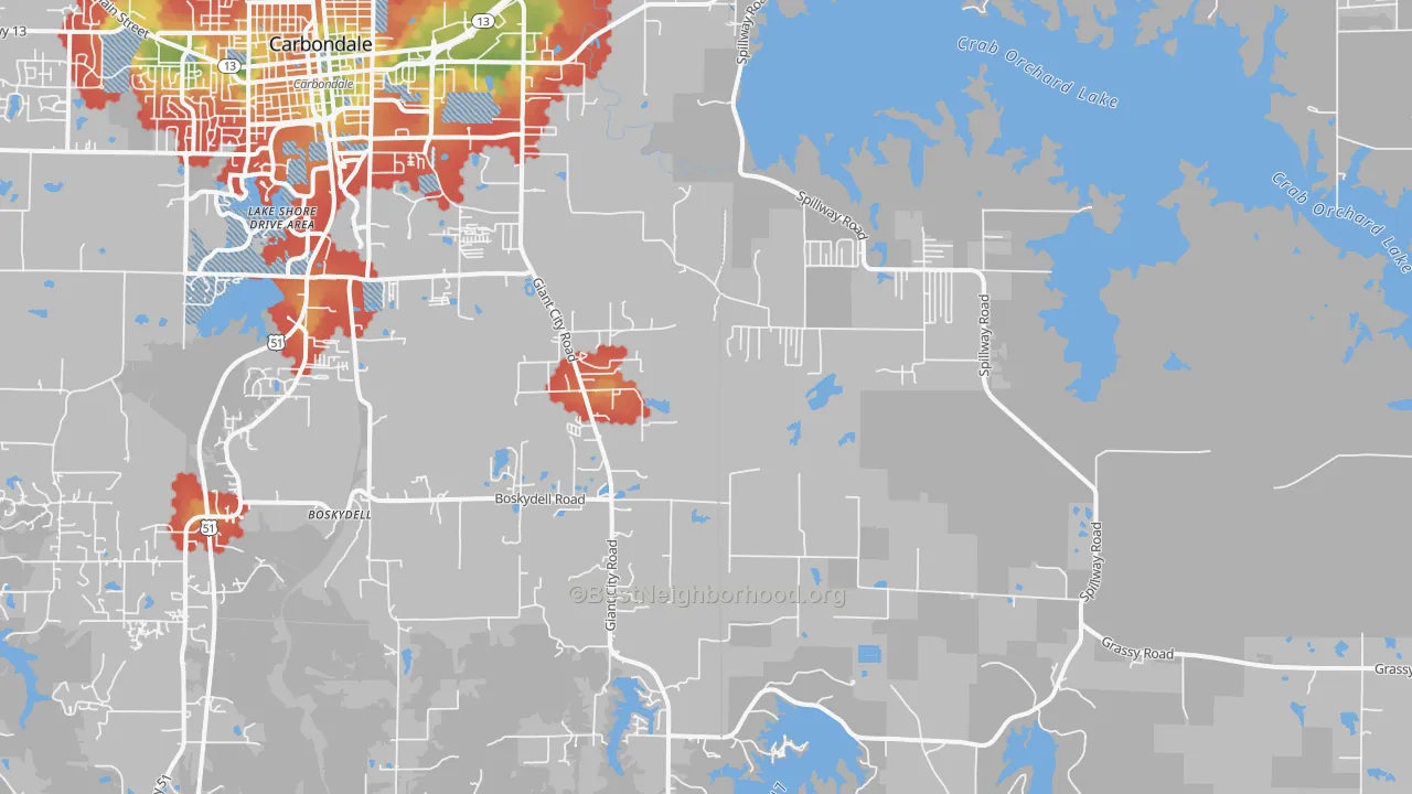 Walk Grade map of 62902, IL, walkable areas in green and car-dependent areas in red
