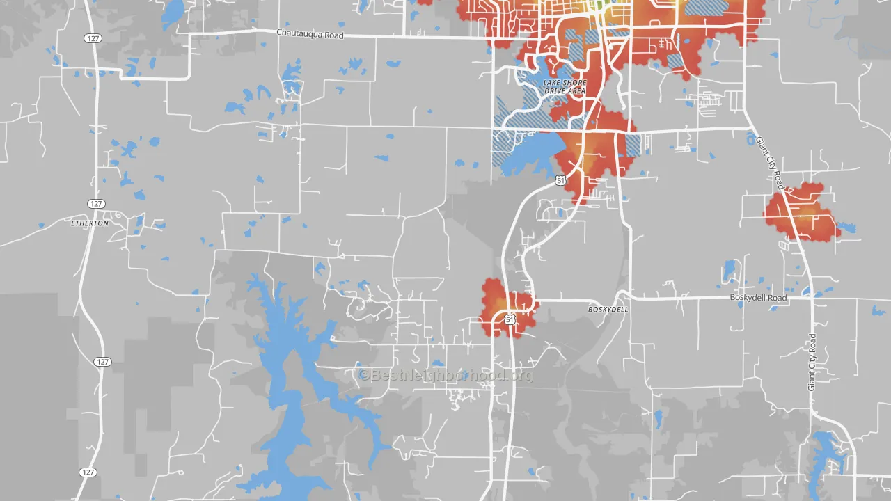 Walk Grade map of 62903, IL, walkable areas in green and car-dependent areas in red
