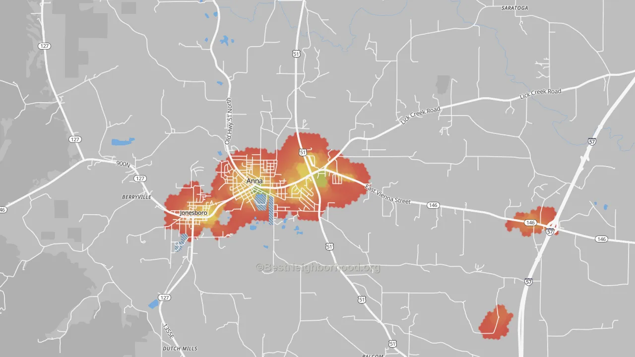 Walk Grade map of 62906, IL, walkable areas in green and car-dependent areas in red