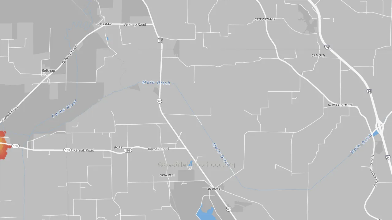 Walk Grade map of 62908, IL, walkable areas in green and car-dependent areas in red