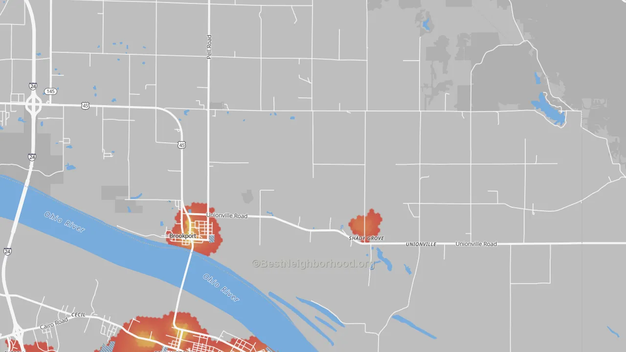 Walk Grade map of 62910, IL, walkable areas in green and car-dependent areas in red