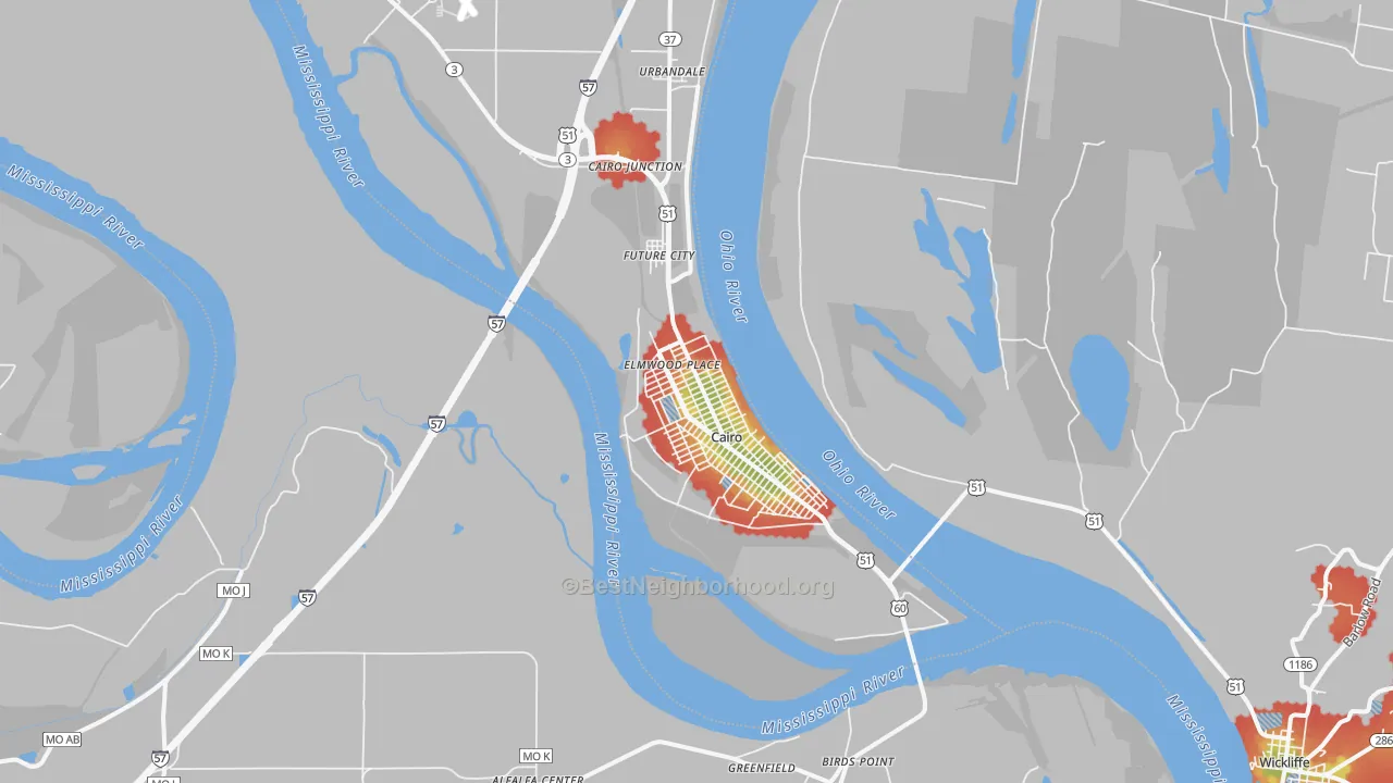 Walk Grade map of 62914, IL, walkable areas in green and car-dependent areas in red