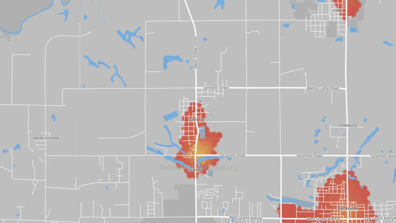 Walk Grade map of 62915, IL, walkable areas in green and car-dependent areas in red