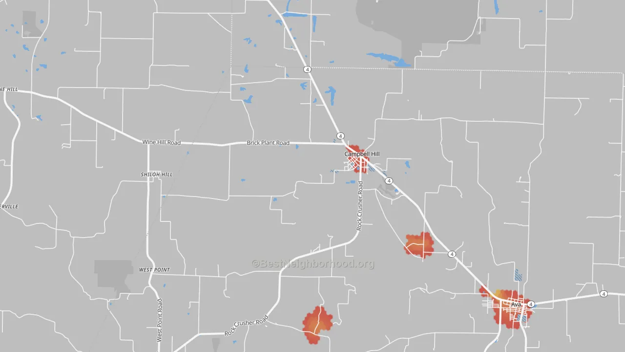 Walk Grade map of 62916, IL, walkable areas in green and car-dependent areas in red