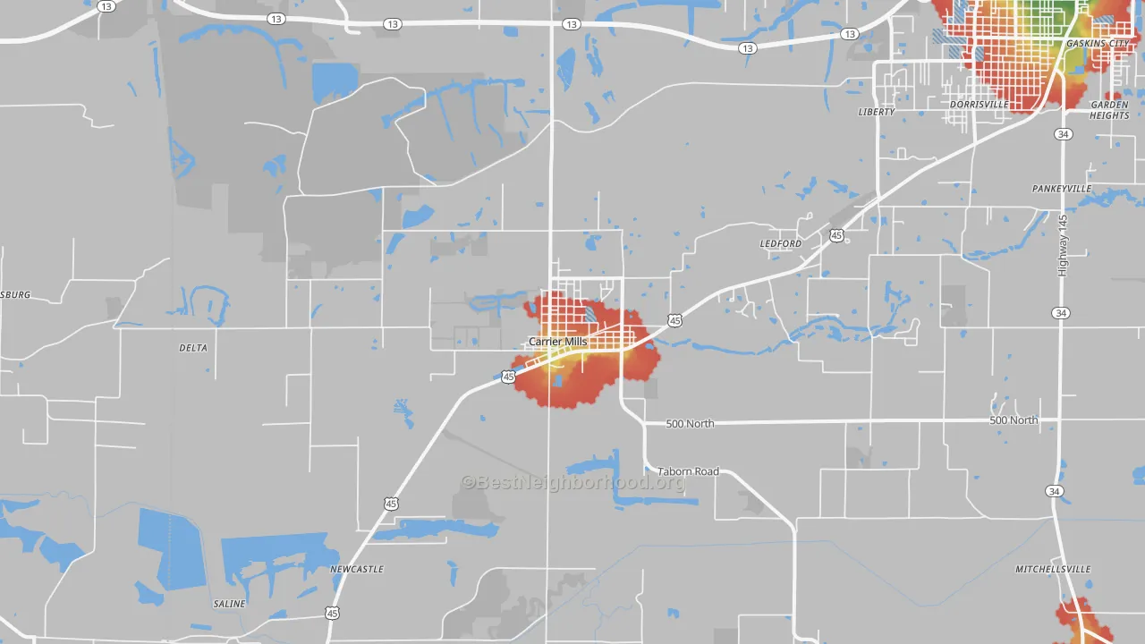Walk Grade map of 62917, IL, walkable areas in green and car-dependent areas in red