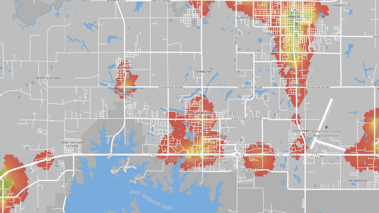Walk Grade map of 62918, IL, walkable areas in green and car-dependent areas in red