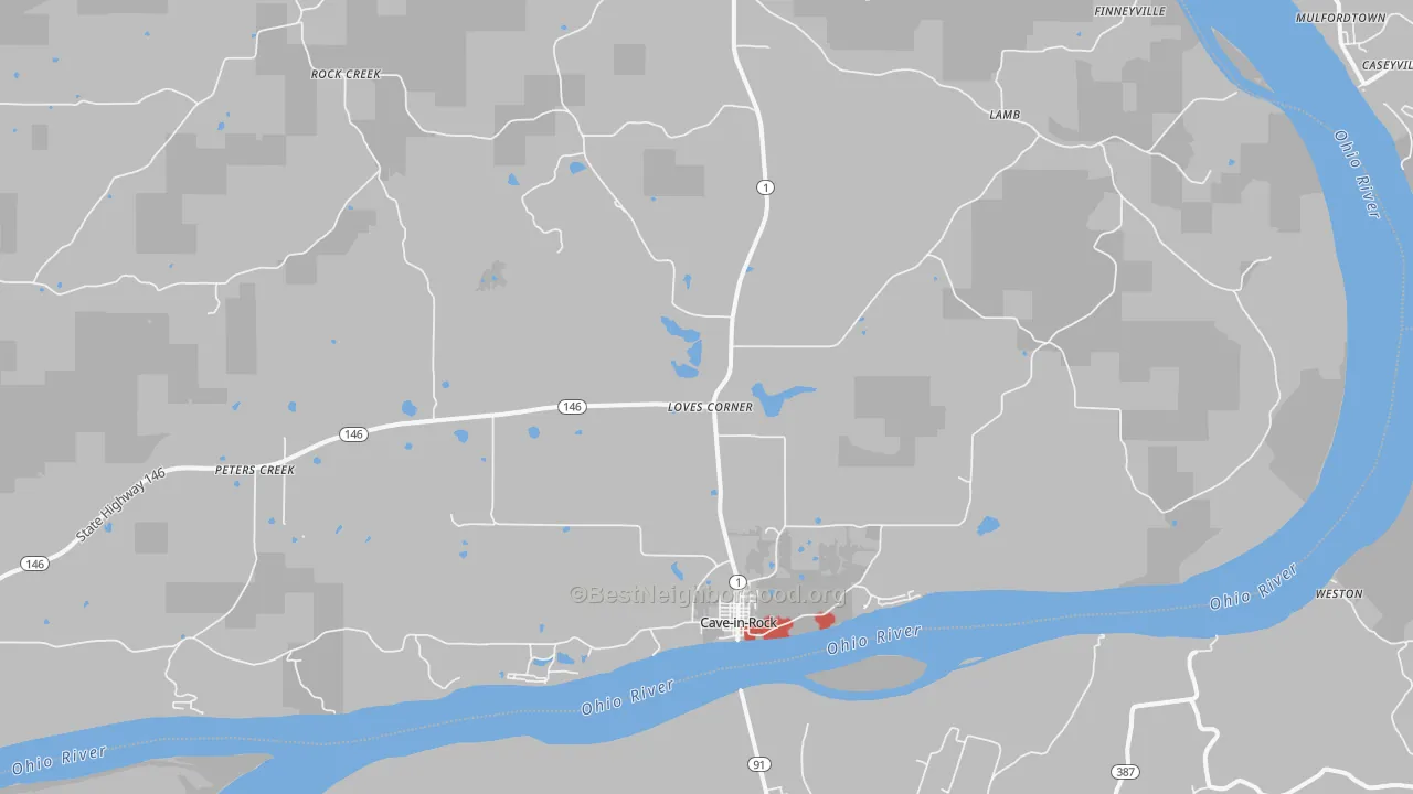 Walk Grade map of 62919, IL, walkable areas in green and car-dependent areas in red