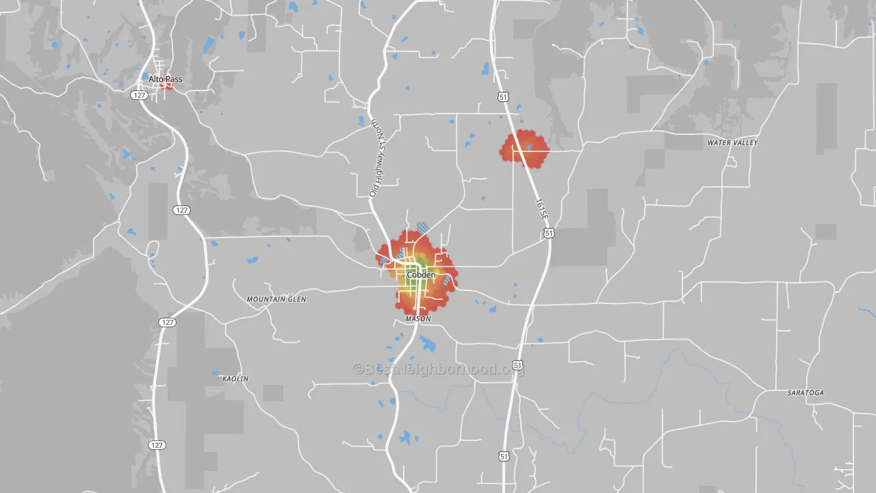 Walk Grade map of 62920, IL, walkable areas in green and car-dependent areas in red