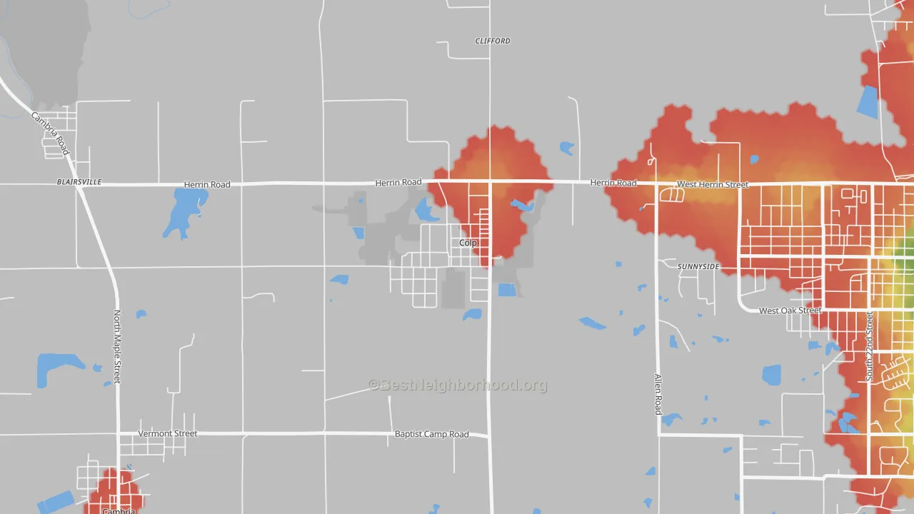 Walk Grade map of 62921, IL, walkable areas in green and car-dependent areas in red