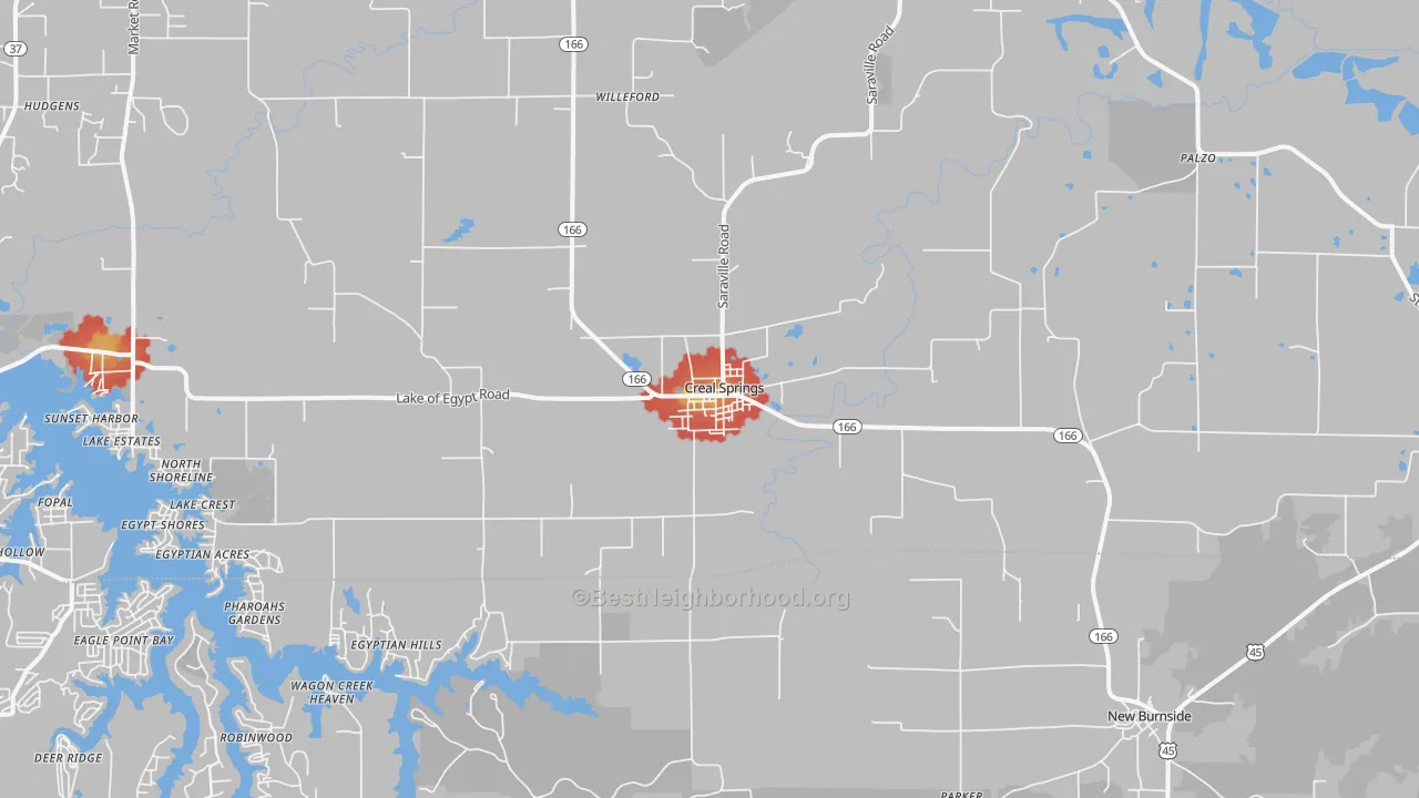 Walk Grade map of 62922, IL, walkable areas in green and car-dependent areas in red