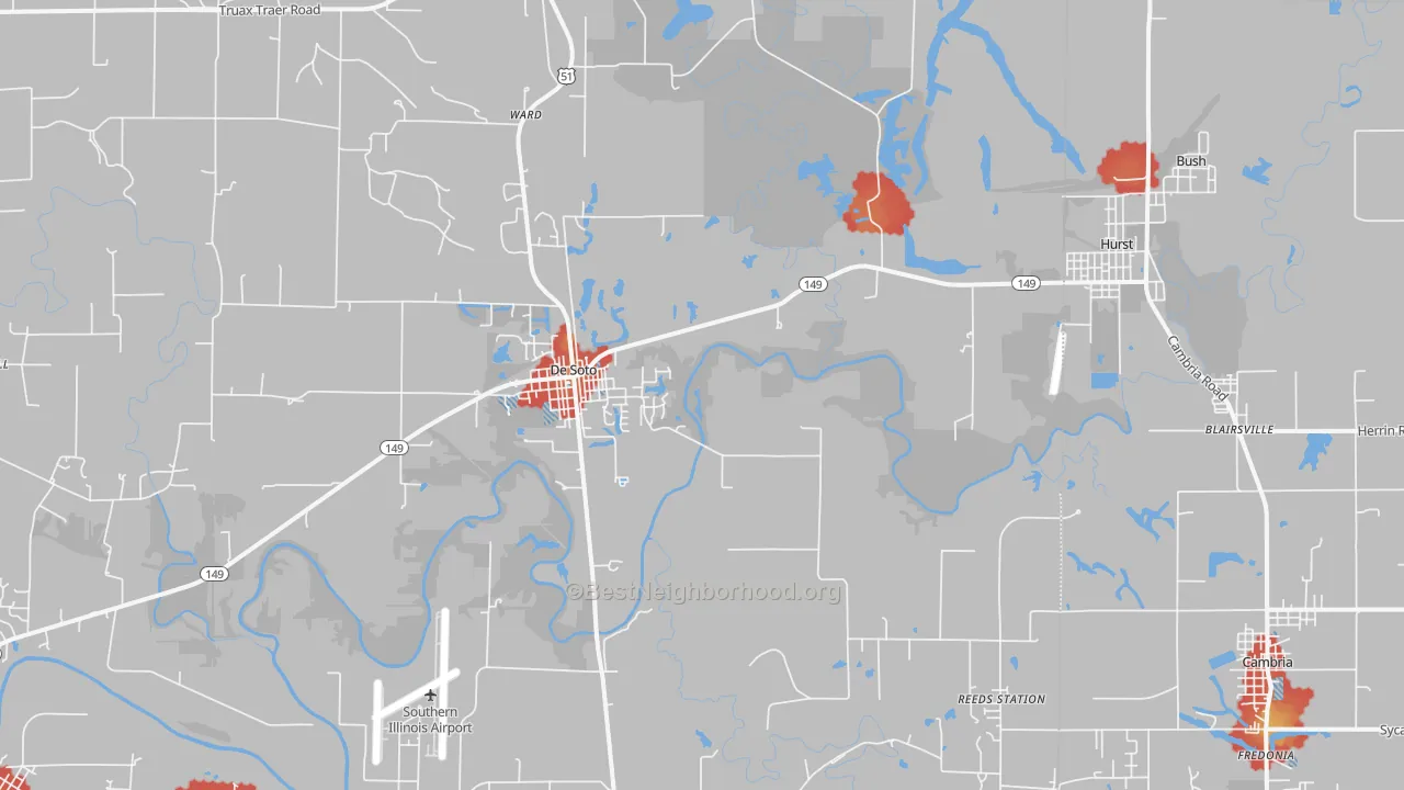 Walk Grade map of 62924, IL, walkable areas in green and car-dependent areas in red