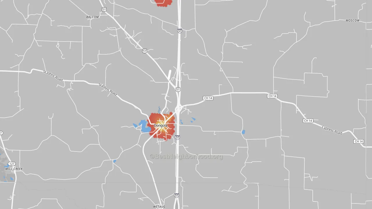 Walk Grade map of 62926, IL, walkable areas in green and car-dependent areas in red