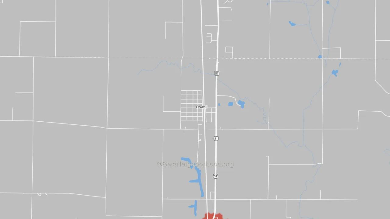 Walk Grade map of 62927, IL, walkable areas in green and car-dependent areas in red