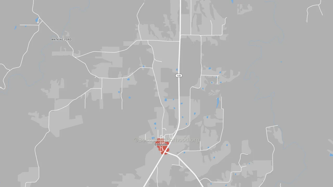 Walk Grade map of 62928, IL, walkable areas in green and car-dependent areas in red
