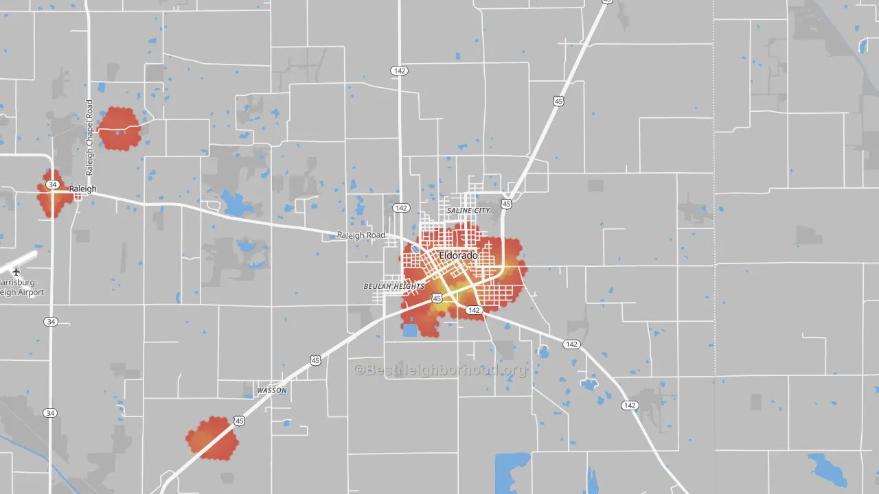 Walk Grade map of 62930, IL, walkable areas in green and car-dependent areas in red