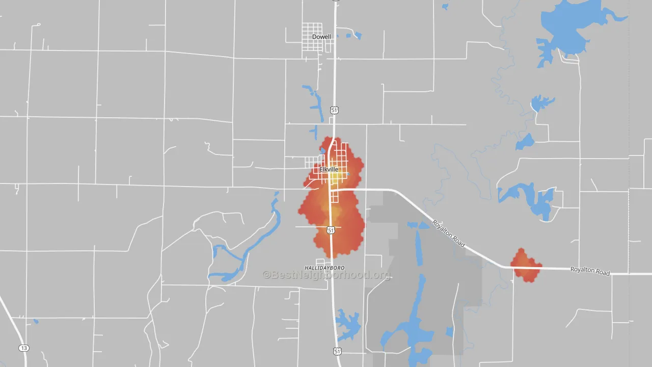 Walk Grade map of 62932, IL, walkable areas in green and car-dependent areas in red