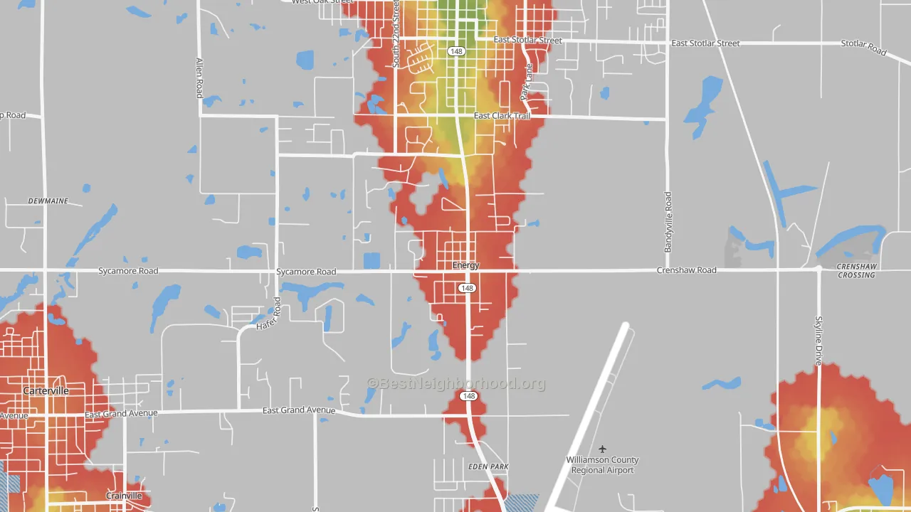 Walk Grade map of 62933, IL, walkable areas in green and car-dependent areas in red