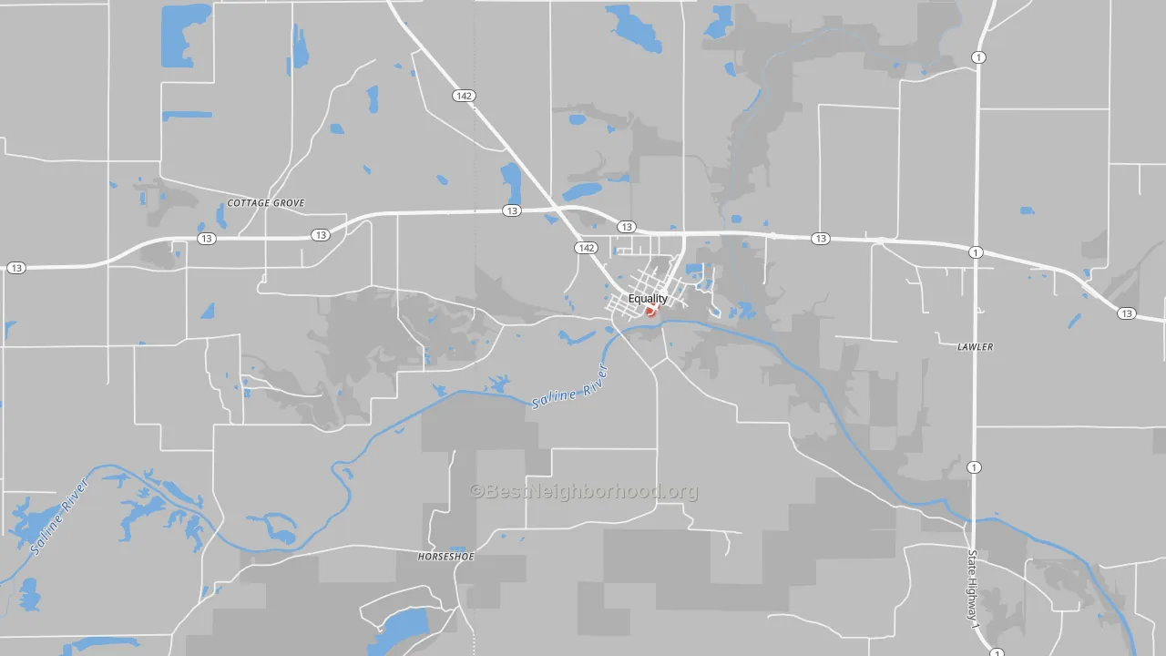 Walk Grade map of 62934, IL, walkable areas in green and car-dependent areas in red