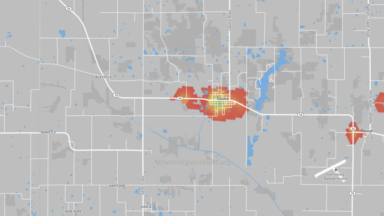 Walk Grade map of 62935, IL, walkable areas in green and car-dependent areas in red