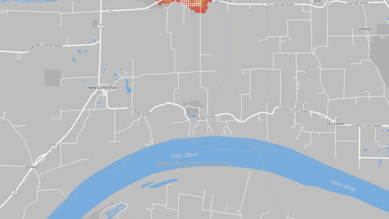 Walk Grade map of 62941, IL, walkable areas in green and car-dependent areas in red