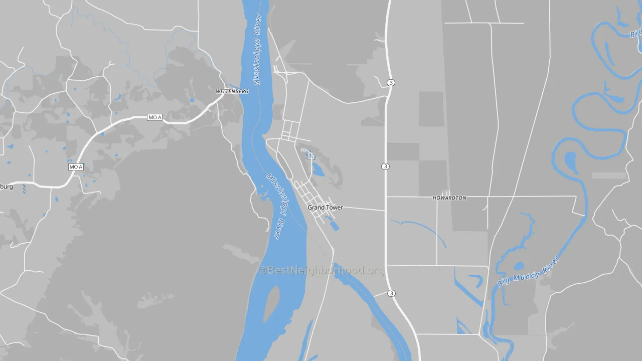 Walk Grade map of 62942, IL, walkable areas in green and car-dependent areas in red