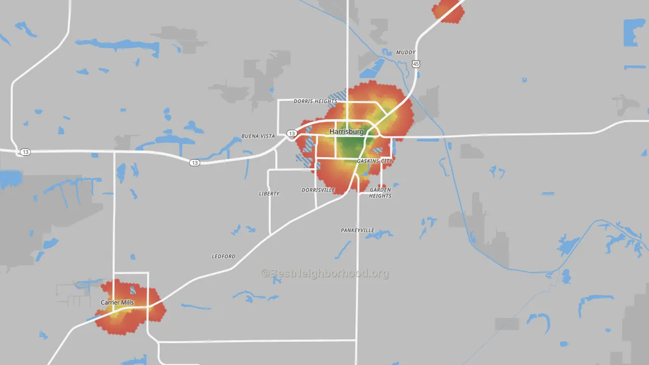 Walk Grade map of 62946, IL, walkable areas in green and car-dependent areas in red