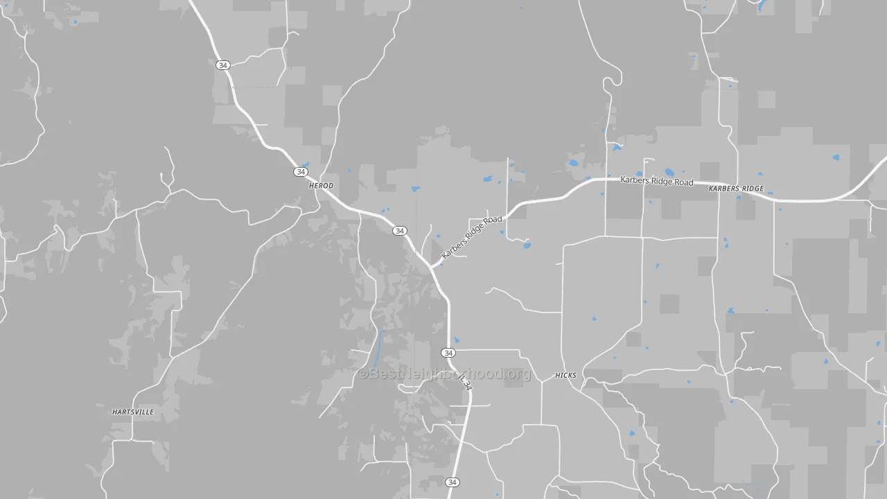 Walk Grade map of 62947, IL, walkable areas in green and car-dependent areas in red