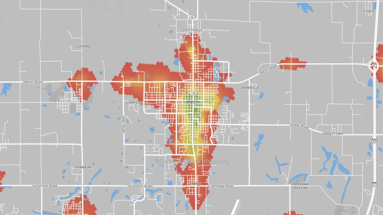 Walk Grade map of 62948, IL, walkable areas in green and car-dependent areas in red