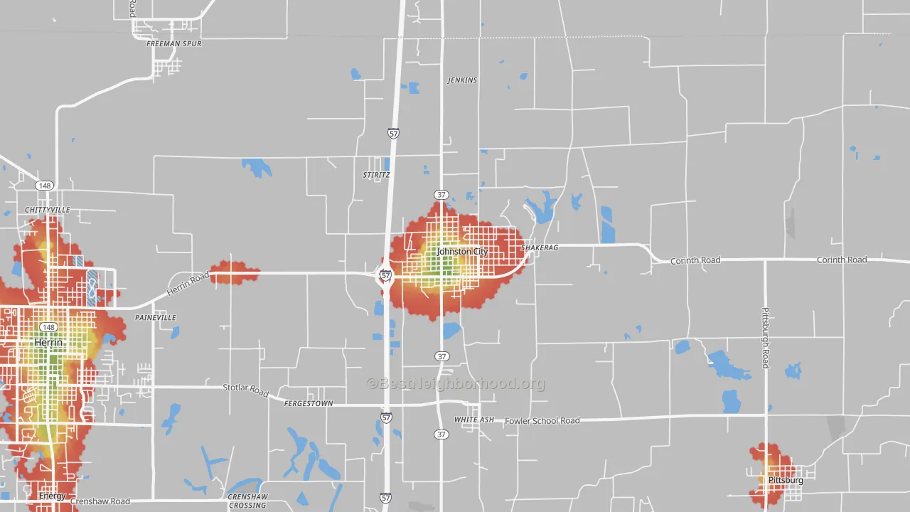 Walk Grade map of 62951, IL, walkable areas in green and car-dependent areas in red
