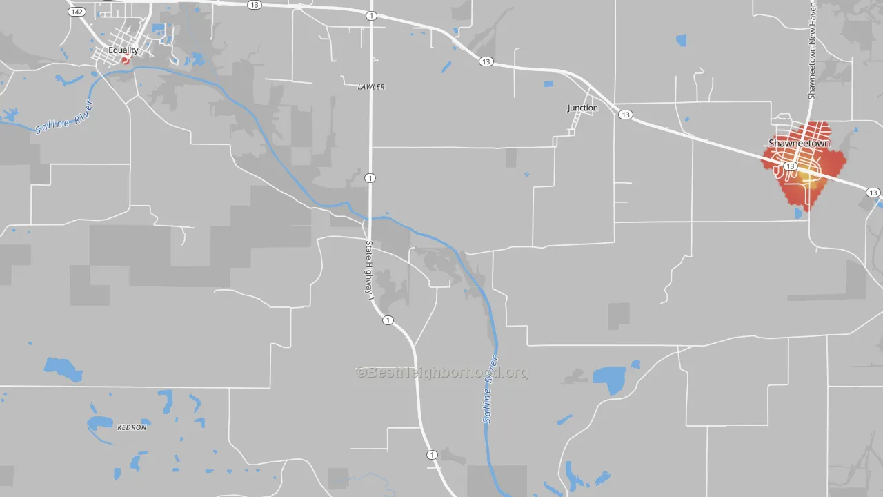 Walk Grade map of 62954, IL, walkable areas in green and car-dependent areas in red
